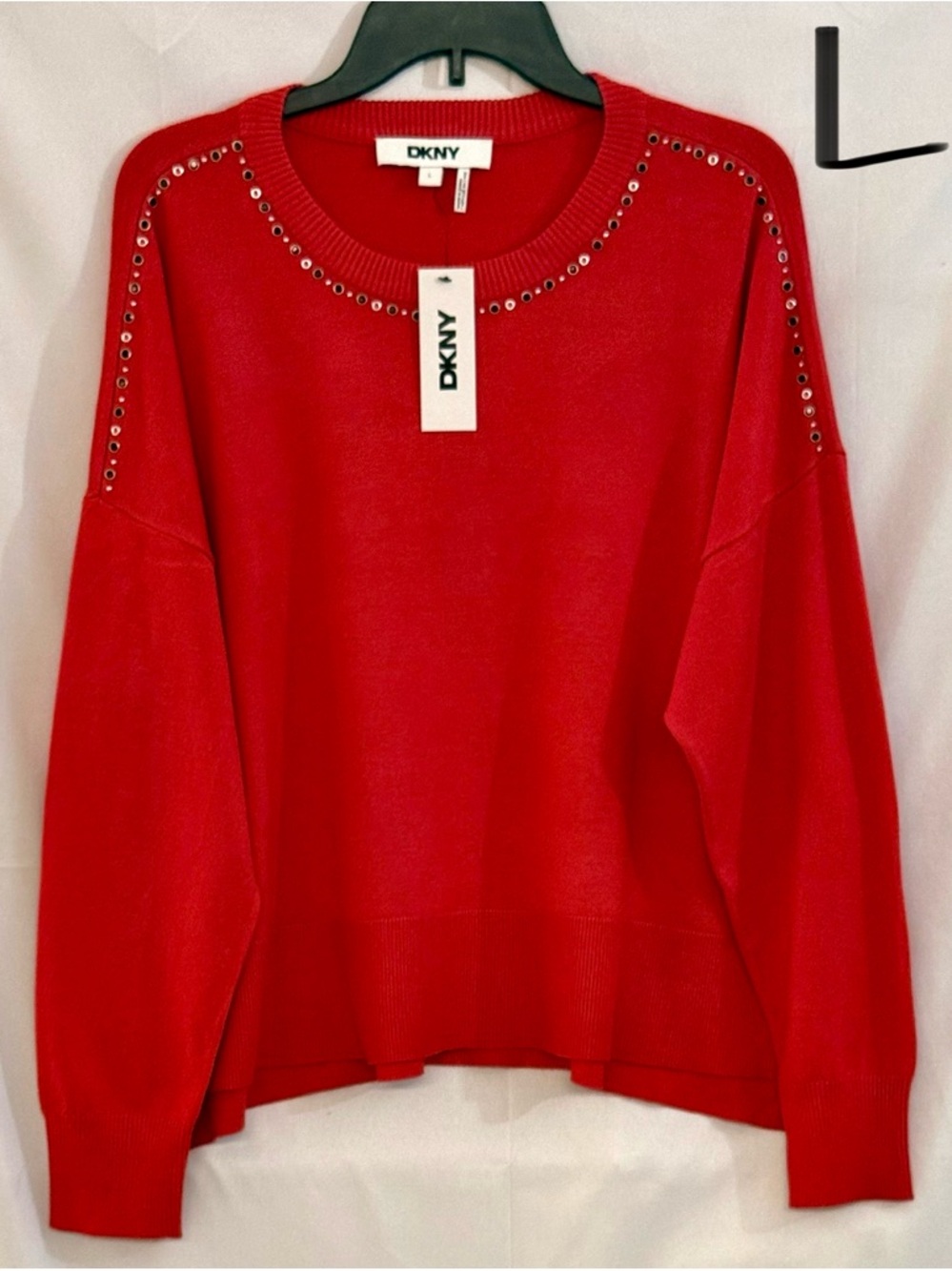 DKNY Red Crewneck Sweater with Eyelet Stud Trim